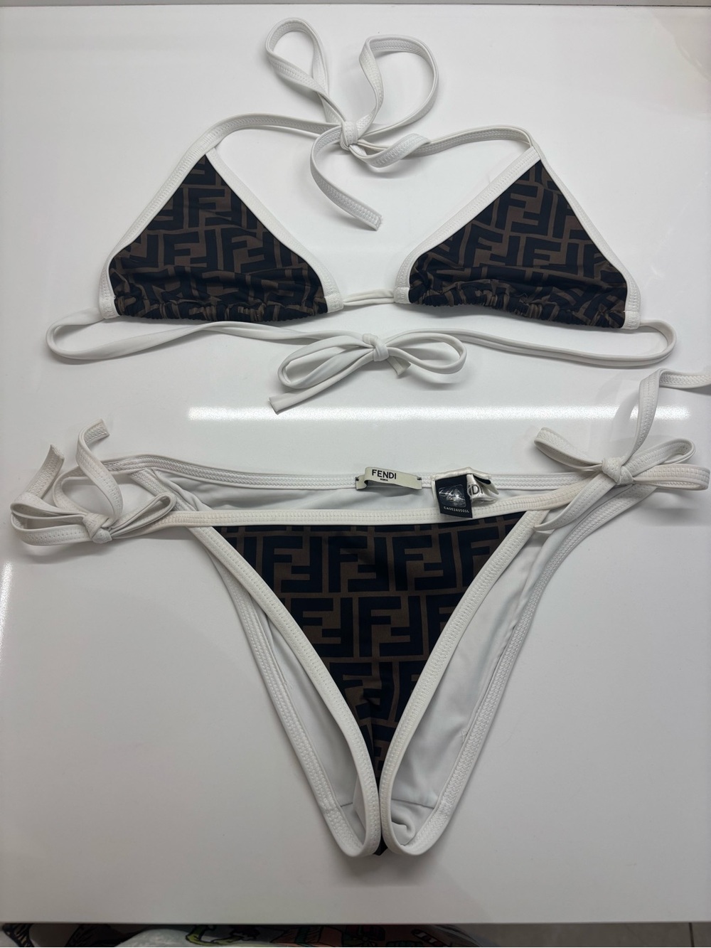 Fendi Brown Monogram Triangle Bikini with White Trim